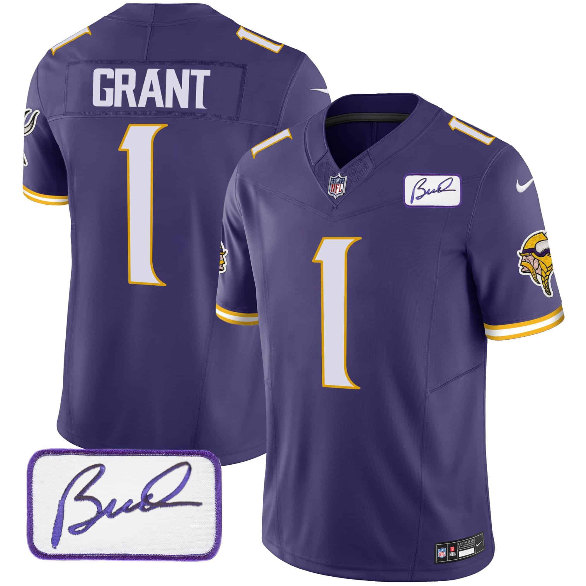 Men Minnesota Vikings #1 Grant Purple 2024 Nike Bud Grant Patch Classic Limited NFL Jersey style 3